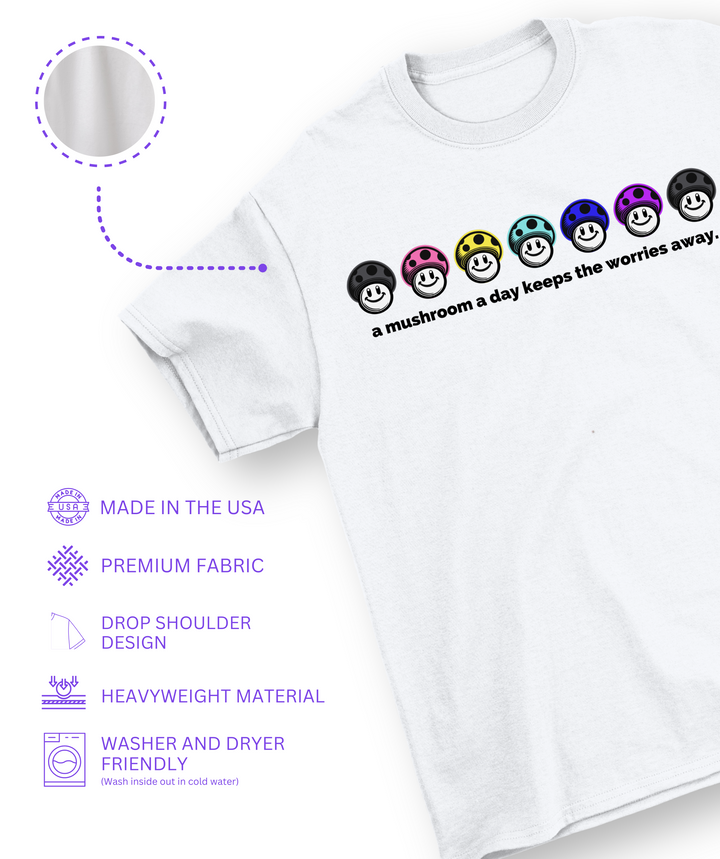 A Mushroom a Day Heavyweight Tee in white with icons showing its features